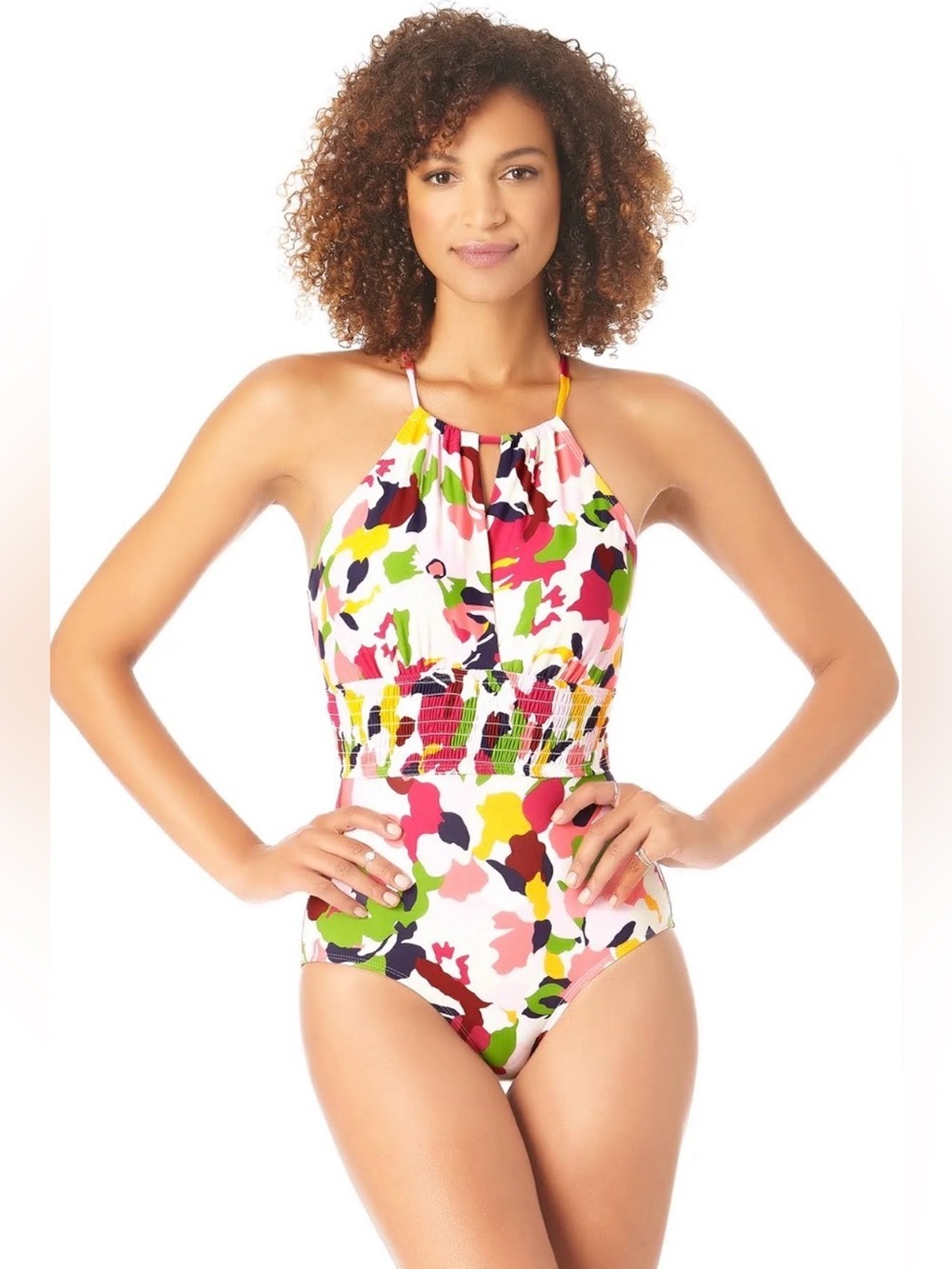 Anne Cole High Neck Smocked Swimsuit 14 NWT